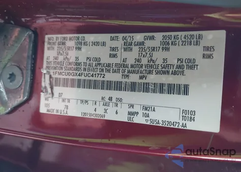 2015 Ford Escape Se из США, поврежденный, VIN 1FMCU0GX4FUC41772